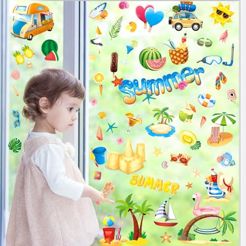 134 PCS Summer Hawaiian Window Clings - Double-Sided PVC Decor