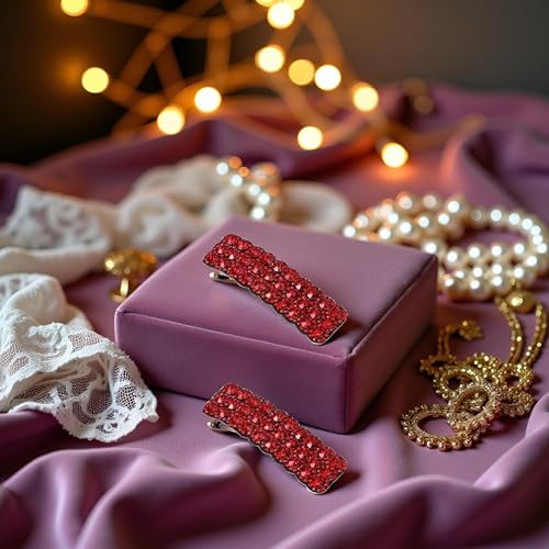 Red Rhinestone Hair Clips Luxury Korean BB Barrettes 2Pcs