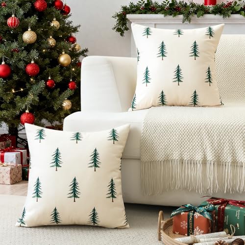 Christmas Pillow Covers 18x18 Inch Set of 2 Green Double Sided Tree Decor