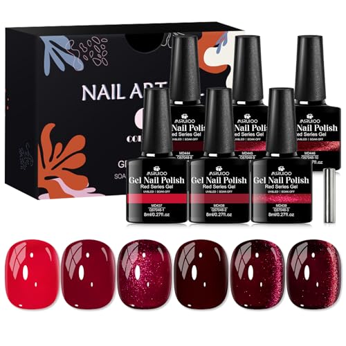 MSRUIOO Red Gel Nail Polish Set with Cat Eye Gel and Magnet