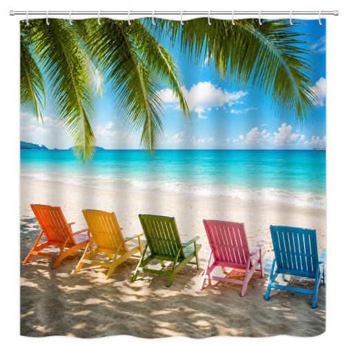 Colorful Beach Shower Curtain 70" x 70" - Tropical Palm & Ocean Scene