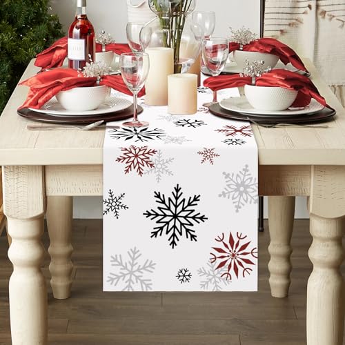 Bonhause Red & Black Snowflakes Winter Table Runner 13x90 Inch Holiday Decor