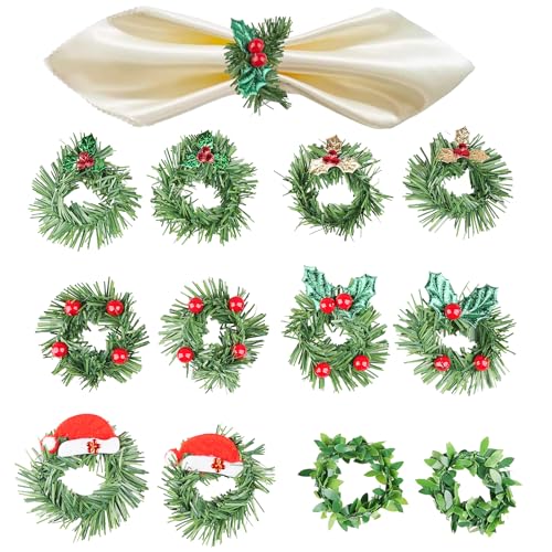 Christmas Napkin Rings Set of 12 - Green Leaf Wreath Holiday Table Decor