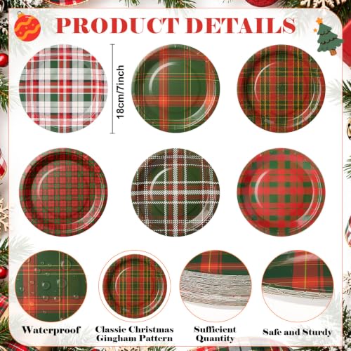Christmas Plaid Paper Plates Set 120 Pcs - Red, Green, White, 7 Inch