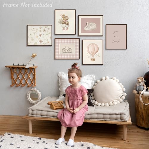 Pink Nursery Wall Art Set - 6 Vintage Animal Prints 8x10