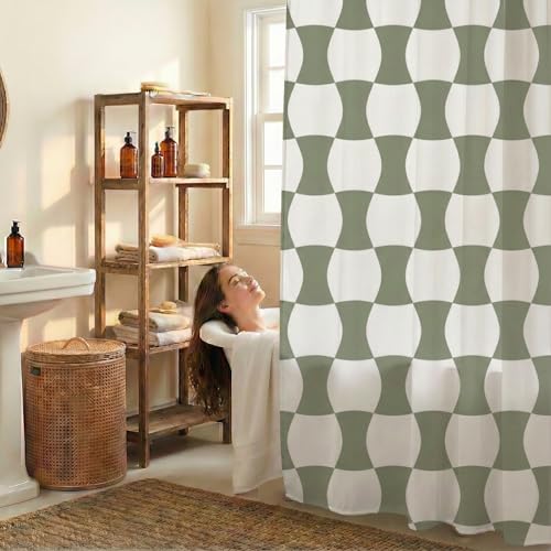 Sage Green Wave Checkered Shower Curtain 72x72 with Hooks - Vintage Boho Aesthetic
