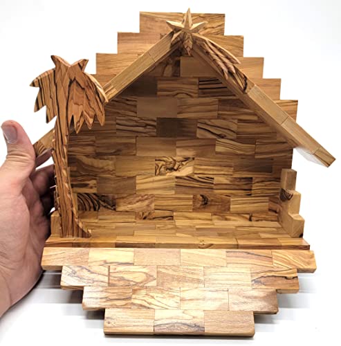 Olive Wood Nativity Stable - Handmade Bethlehem Christmas Decor 10.5x8.4x6.4 Inches