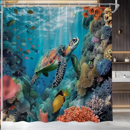 Ocean Underwater World Shower Curtain - Colorful Tropical Fishes & Turtle, 70"x70"