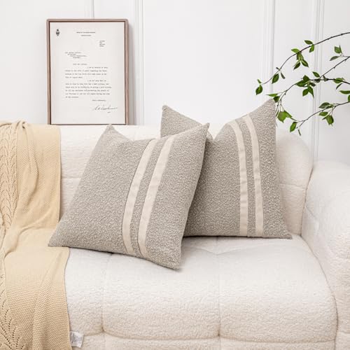 Vfuty 18x18 Oatmeal Boucle Throw Pillow Covers Set of 2 with Leather Accent