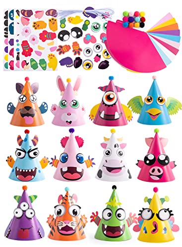 JOYIN 12 Sets Animal Theme Party Hats for Kids - Craft Activity Kits (5" x 5" x 7")