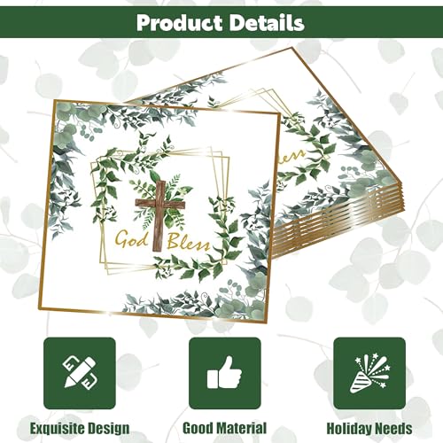 Sage Green Cross First Communion Napkins 24 Pcs Disposable Paper