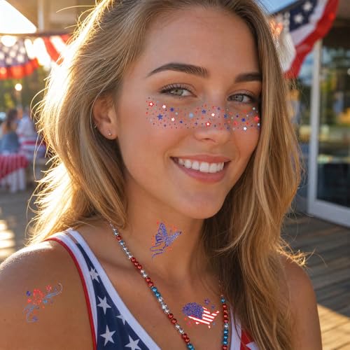 Fancy Land 4th of July Glitter Face Tattoos & Gem Stickers 27Pcs