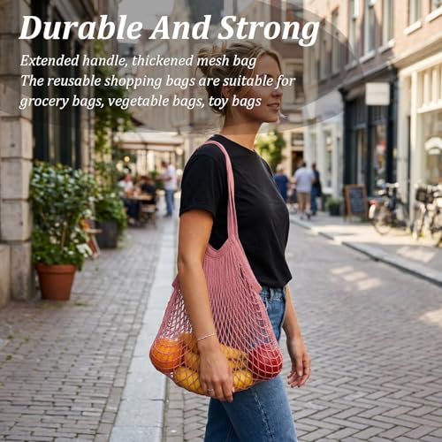 Mabor Mesh Tote Bag Set - Reusable Cotton Grocery Bags, Light Blue & Soft Pink