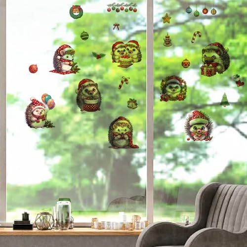 CRASPIRE Christmas Hedgehog Window Stickers Double-Sided Glass Decals