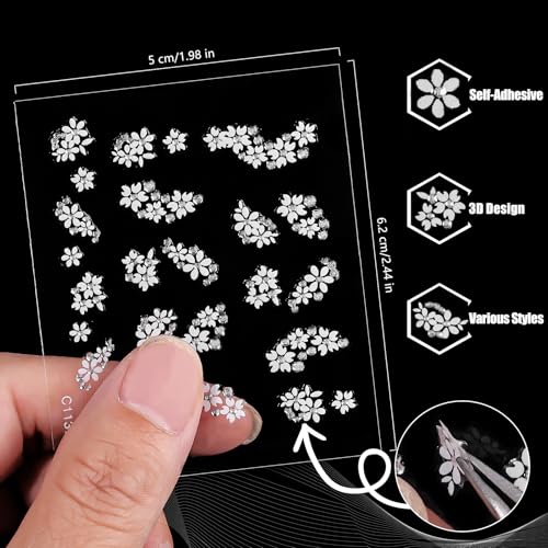 Umillars 30 Sheets White Flower Nail Stickers 3D Self-Adhesive Floral Decals