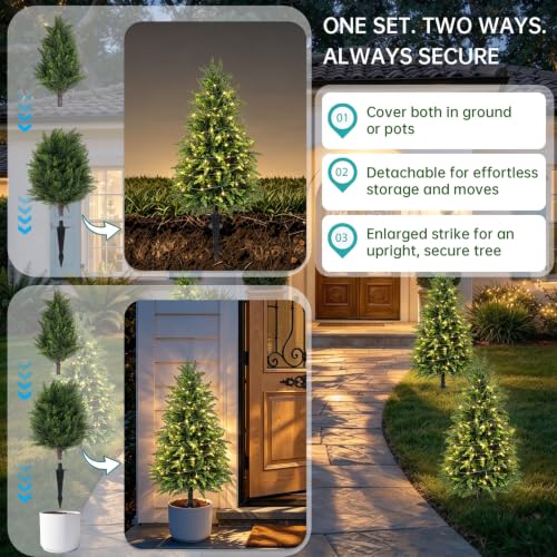 3FT Cedar Topiary Artificial Plants with Detachable 80 LED Lights - 2 Pack