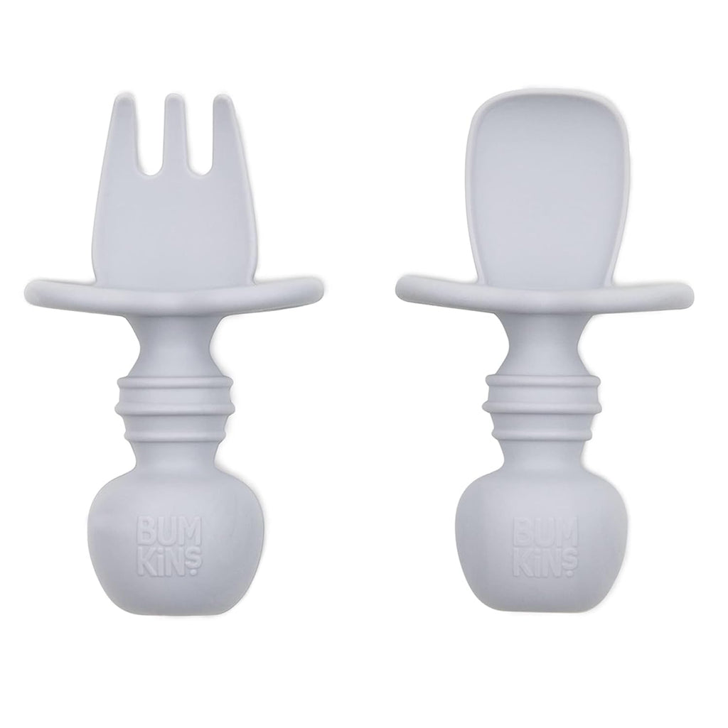 Bumkins Baby Utensils Set - Chewtensils Silicone Spoons & Fork for Self-Feeding | Gray, 6 Months+