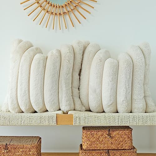 Faux Fur Throw Pillow Covers 2-Pack - Soft Plush Cushion Cases for Sofa & Bed, 16x16 inch, Beige