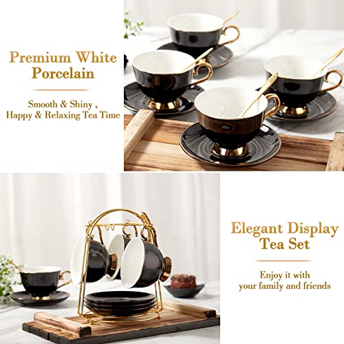 Black Luxury Tea Cups and Saucers Set of 4 with Gold Trim and Metal Stand - DUJUST