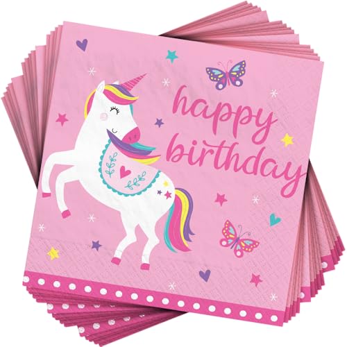 Unicorn Birthday Napkins - 16 Pack, Soft 3-Ply, 6.5"