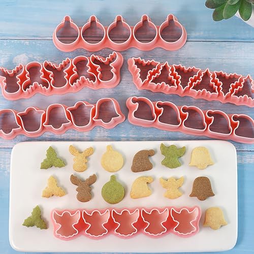 Mini Christmas Cookie Cutters Set - Bell, Angel, Elk, Snowball, Santa Hat, Tree Leaf - Holiday Baking Decorations - Variation of Christmas M