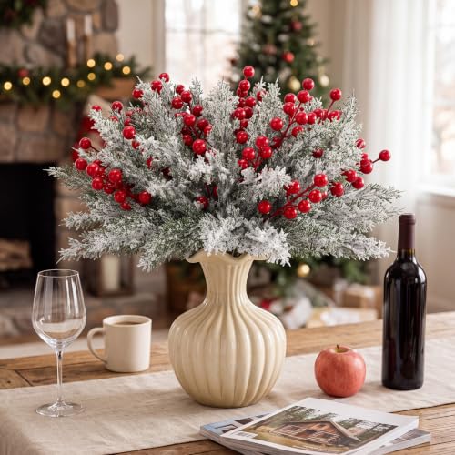Artificial Christmas Snow Pine Branch with Red Berries - 200 Pieces, Variation: Classical