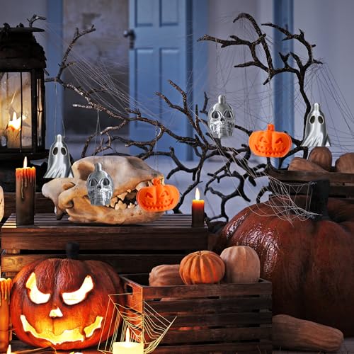 Mostop 6 PCS Halloween Ghost Ornaments Plastic Mini Pumpkin Skull Decor