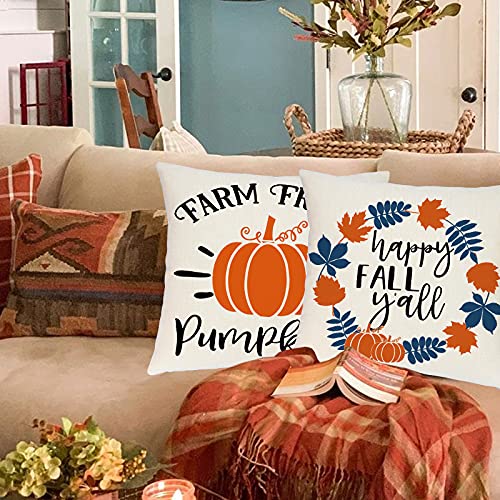 Ueerdand Fall Throw Pillow Covers, 18x18 Inch Farmhouse Pumpkin Case, Set of 4