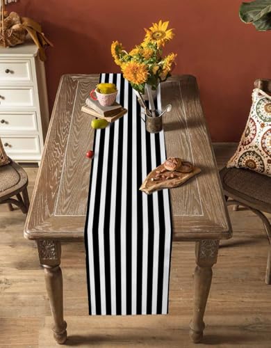 Black White Striped Table Runner 13x48 Inches for Dining & Holiday Decor - Farmhouse Style