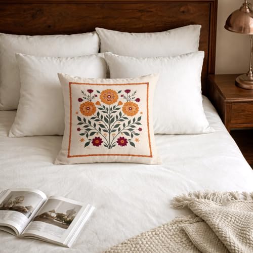 Orange Floral Throw Pillow Cover, 18x18 Boho Botanical Cushion Case