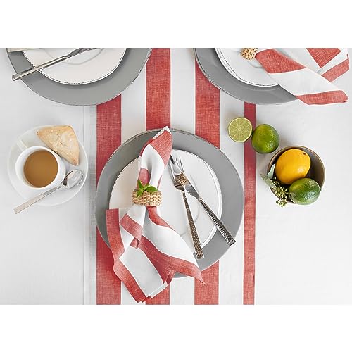 Solino Home 100% Pure Linen Table Runner Red & White Stripe 14 x 60 in - Handmade