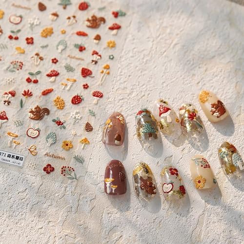 5D Fall Nail Stickers Autumn Maple Leaf & Squirrel Self-Adhesive Decals