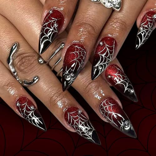 Halloween Press on Nails Long Almond Dark Red Spider Web Fake Nails
