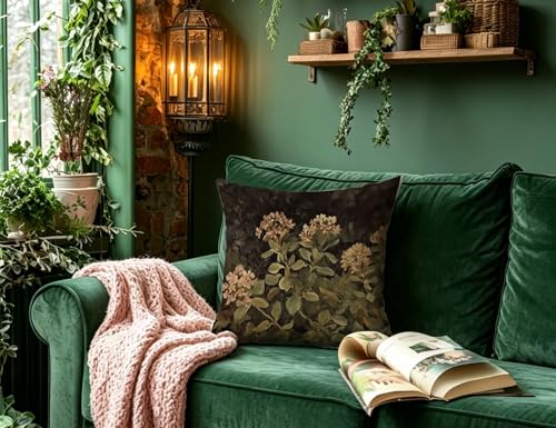 Moody Dark Hydrangea Botanical Throw Pillow Cover 18x18, Rustic Floral