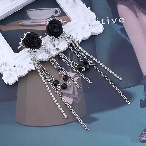 Black Rose Flower Long Rhinestone Chain Drop Earrings Ear Cuff