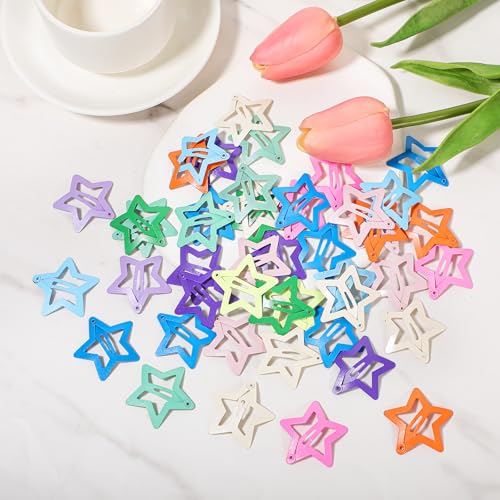 LIQWEI 50 Pcs Star Hair Clips - Colorful Metal Non-Slip Snap Barrettes for Women and Girls