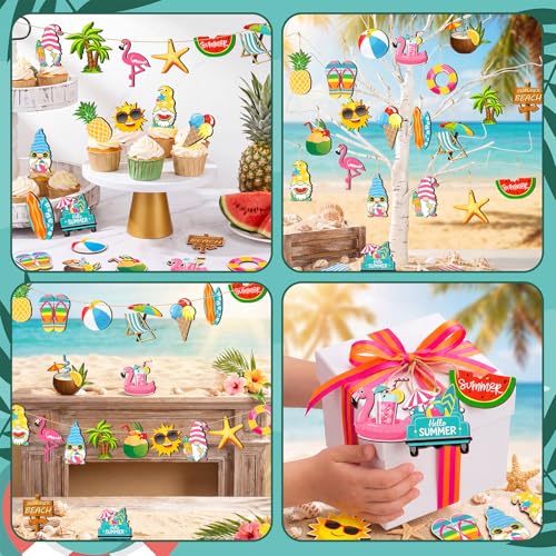 Summer Tree Ornaments Set - 40 Wooden Holiday Decorations for Beach, Gnome, Flamingo, Hawaiian Party