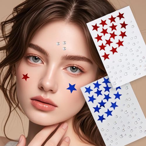 4th of July Rhinestone Star Face Gems Self-Adhesive Stickers with Tweezers