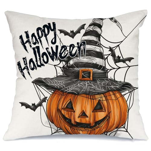 Happy Halloween Throw Pillow Cover 18x18, Jack-o'-Lantern Farmhouse Decor