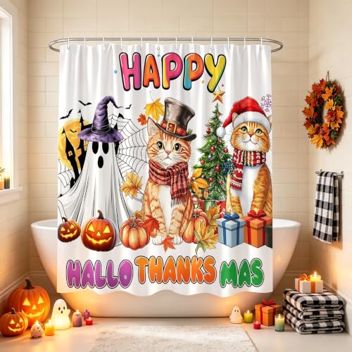 Happy Hallothanksmas Cat Ghost Shower Curtain 70x70, White Holiday Decor