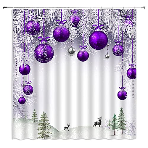 Purple Christmas Shower Curtain with Xmas Ball Pine Tree Winter Forest Decor 70x70 Inches