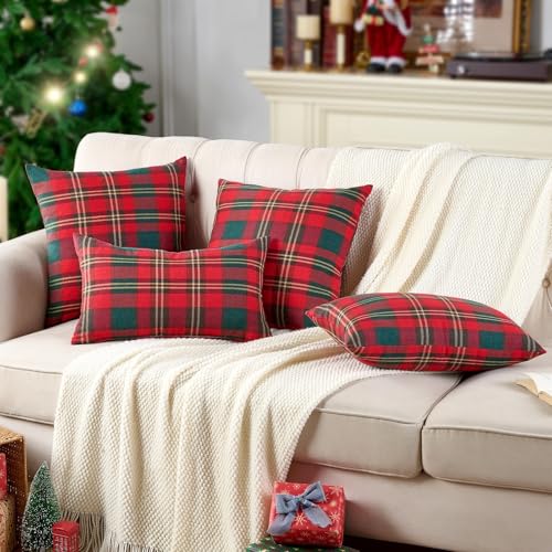 INFISIBLE Red Christmas Tartan Plaid Throw Pillow Covers 18x18 Set of 2 - Festive Holiday Decor