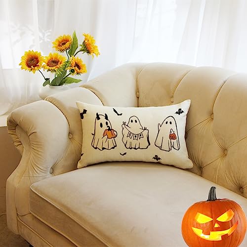 Halloween Ghost & Bat Lumbar Throw Pillow Cover, 12x20 Inch Decorative Case