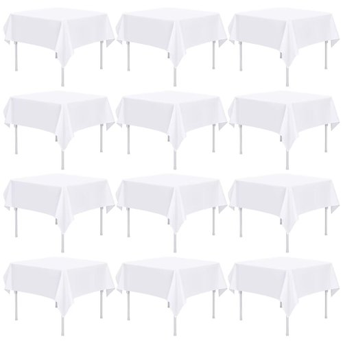 12 Pack White Square Tablecloths - 52 x 52 Inch, Polyester Table Cover for Square Table, Stain and Wrinkle Resistant, Washable Fabric, Restaurant Banquet Party