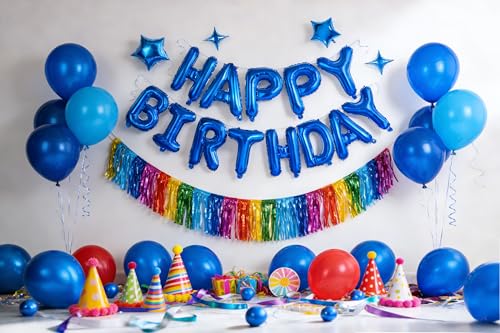 Blue Happy Birthday Balloons Banner Decoration Set - Mylar Foil