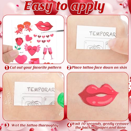Huskein 144 PCS Valentine's Day Temporary Tattoos - Waterproof Romantic Heart Fake Tattoos for Party Favors