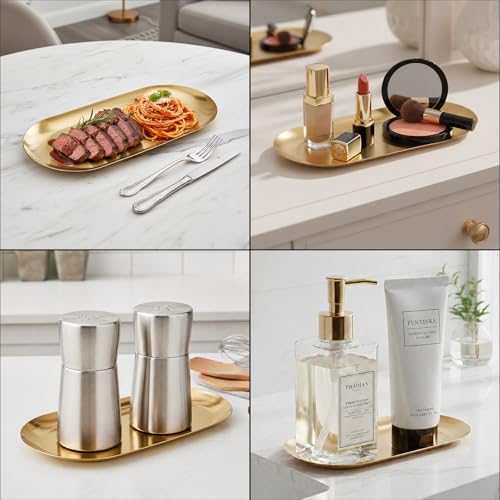 Vaincre 7" Gold Stainless Steel Oval Jewelry Tray - 2 Piece Decorative Set