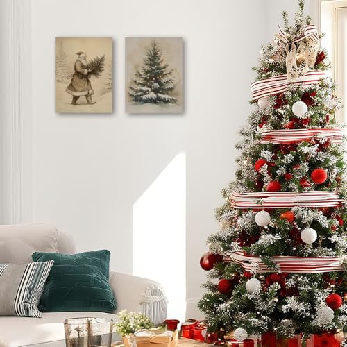 Winter Canvas Wall Art Set of 2 - Santa and Christmas Tree Holiday Decor
