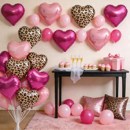 12PCS Hot Pink Leopard Print Heart Balloons - Foil Decorations