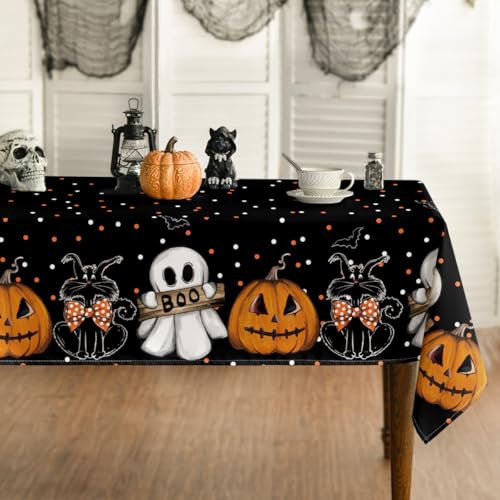 Halloween Tablecloth 60 x 84 Inch Rectangular Jack-O-Lantern Cat Design Black and Orange